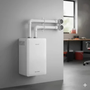 Proper PVC or polypropylene venting for a high-efficiency condensing water heater.