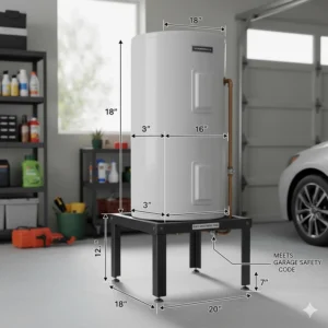 Technical diagram showing precise dimensions and height of an 18 inch hot water heater stand to meet garage safety requirements.