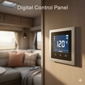Wall-mounted digital control panel for an RV tankless water heater, allowing precise and easy temperature adjustment for maximum comfort.