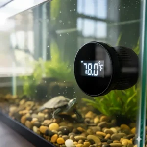 A digital display thermometer showing the consistent water temperature being maintained by a turtle water heater in the tank.