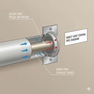 Diagram illustrating the direct vent water heater coaxial vent pipe; the inner pipe exhausts combustion gases, and the outer pipe draws in fresh air from outside.