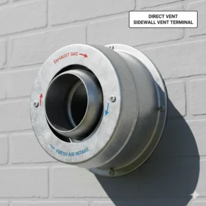 Close-up of the direct vent terminal (cap) outside the house, the safe and efficient point of air intake and exhaust for the water heater.