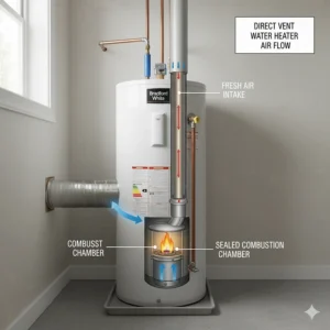 Flow diagram of a direct vent water heater, showing the sealed-combustion system: air intake and exhaust venting through the sidewall of the home.