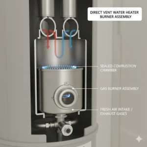 Internal illustration of the direct vent water heater's sealed combustion chamber and gas burner assembly.
