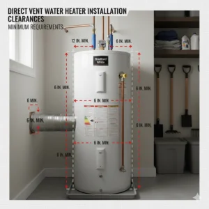 Diagram showing proper minimum clearance requirements for installing a new direct vent water heater unit.