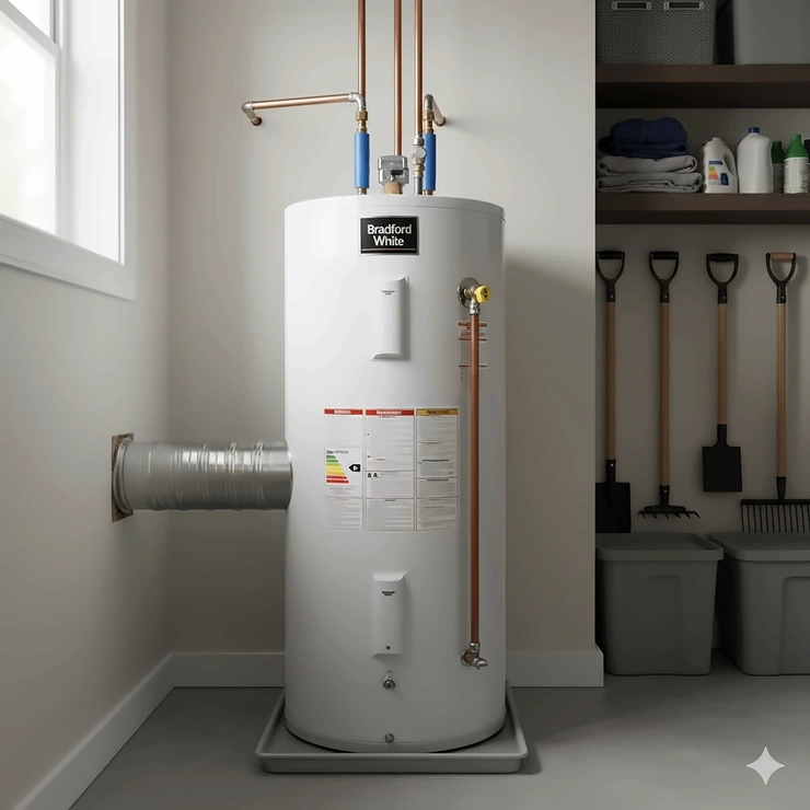A modern direct vent water heater installed in a utility closet, featuring the coaxial vent pipe running directly out a sidewall for highly efficient and safe operation.