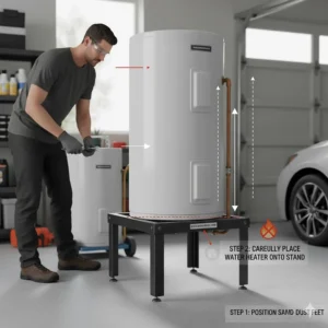 Step-by-step image of a contractor positioning the 18 inch hot water heater stand before setting the appliance on top.