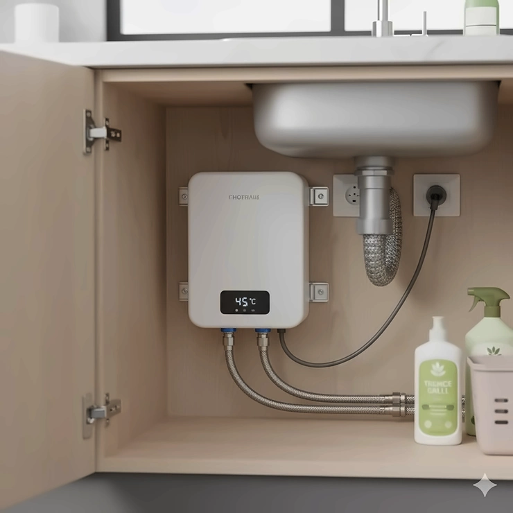 Compact electric mini water heater installed under a sink for instant hot water access.