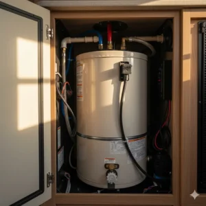 An interior shot of a standard electric RV hot water tank with insulated housing.