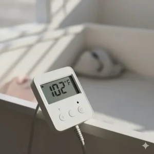 Close-up of a thermostat showing the safe temperature setting on an electric warming pad designed specifically for newborn puppies.