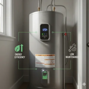Diagram highlighting the energy efficiency and low maintenance of a quality electric water heater model.