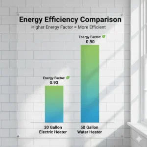 A bar chart comparing the energy efficiency ratings of a 30 gallon electric water heater versus larger models.