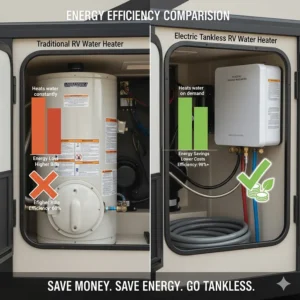 Infographic comparing the energy savings and efficiency of an electric tankless water heater versus a standard storage tank model for an RV.