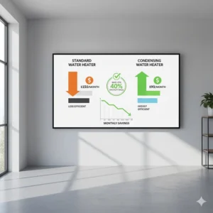 Graphic depicting energy savings and reduced utility bills from using a condensing water heater.