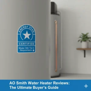 A graphic highlighting the Energy Star certification on an AO Smith water heater for maximum energy efficiency.