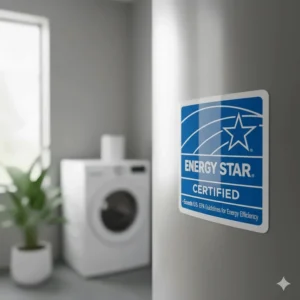 Close-up of an Energy Star certification on a unit, indicating a high-efficiency product from a good water heater brand.