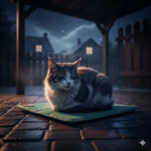 Image of a feral cat seeking warmth on a specialized outdoor heating pad on a cold night.