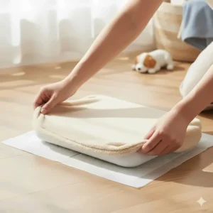 Removable, machine-washable fleece cover being put on a puppy warming pad for maximum comfort and hygiene.
