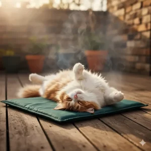 A contented cat stretching out comfortably on their new heated pad for outdoor use.