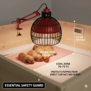 Essential safety guard installed around the heat lamp bulb to protect the puppies from direct contact and burns.