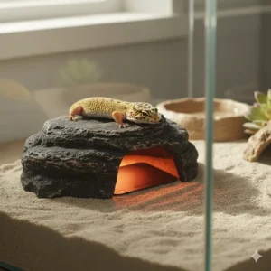 A reptile's warm hide box partially warmed by a small reptile heat mat underneath to create a suitable thermal gradient.