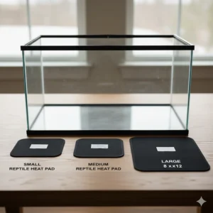 Comparison of small, medium, and large reptile heat mat sizes relative to a standard 20-gallon tank.