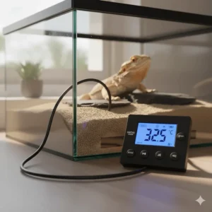 A close-up view of a digital thermostat controlling a reptile heat mat, showing the current temperature reading.