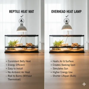 A comparison chart detailing the pros and cons of using a reptile heat mat versus an overhead heat lamp.