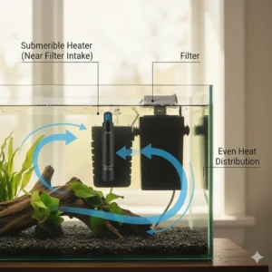 Diagram illustrating the optimal heater placement in a turtle tank, showing it near the filter intake for even heat distribution.