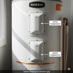 Image pointing out the upper and lower thermostat access panels on the mobile home water heater.