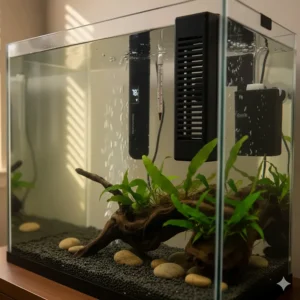 Image of a durable turtle tank heater featuring a protective plastic guard to prevent turtles from burning themselves or damaging the unit.