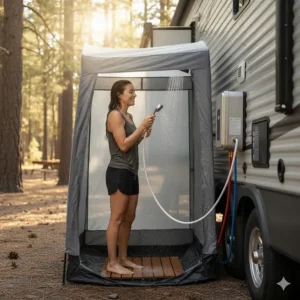 A person enjoying a warm outdoor shower using hot water supplied by a camper water heater.