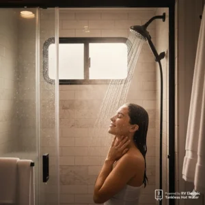 Lifestyle image of someone enjoying a continuous hot shower inside an RV, powered by the reliable electric tankless water heater.