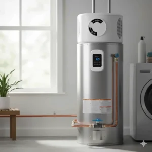 A modern hybrid heat pump water heater, a sustainable choice available from many reliable manufacturers.