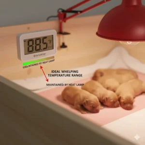 A thermometer reading the ideal temperature for a whelping box, which is maintained by the heat lamp.