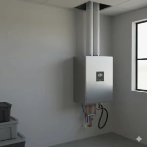 Indoor installation of a compact tankless water heater, showing proper vertical venting through the roof.
