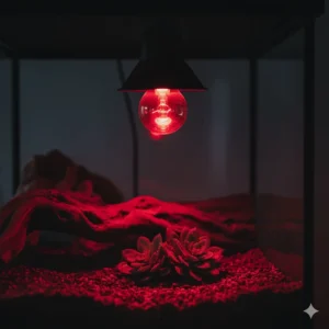 Red glass infrared heat lamp providing warmth, often used as a nighttime reptile heat light.