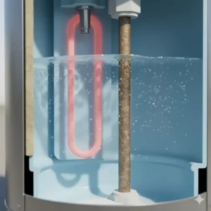 Close-up view of the interior of a 10 gallon water heater tank, showing the heating element and anode rod.