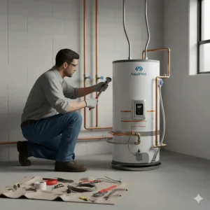Plumber preparing the necessary water lines and electrical connections for a new 30 gallon electric water heater installation.