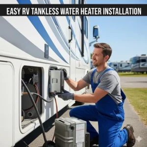 Step-by-step installation showing how easy it is to retrofit a new RV tankless water heater into an existing water heater compartment.