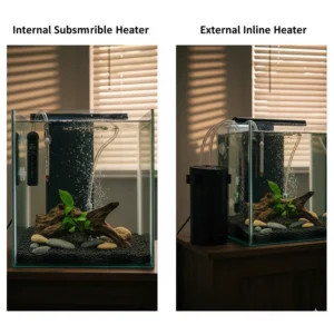 Comparison image showing the difference between an internal, submersible, and an external inline turtle tank heater setup.