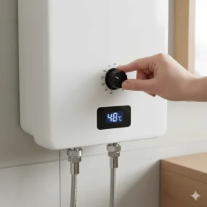 User adjusting the temperature settings on a dial of an electric mini water heater.