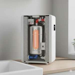 Side view showing the mini-tank electric water heater design and connections.
