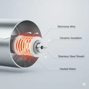 Close-up diagram of the efficient electric mini water heater's heating element.