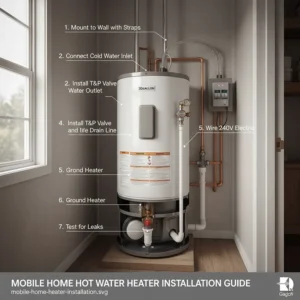 Step-by-step diagram for installing a replacement 30 gallon hot water heater in a manufactured home.