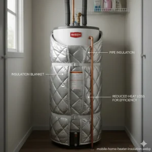 Illustration demonstrating proper insulation around a 30 gallon mobile home hot water heater for energy efficiency.
