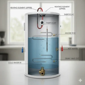 Diagram illustrating the internal parts of a mobile home water heater, including the heating element and thermostat.