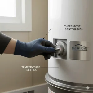 Hand adjusting the thermostat temperature setting on a standard mobile home water heater.