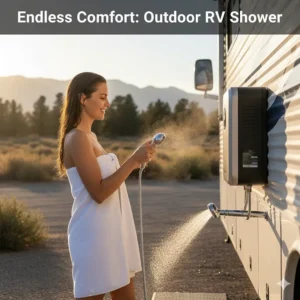 Happy RVer enjoying a comfortable outdoor shower, powered by a reliable RV tankless water heater.