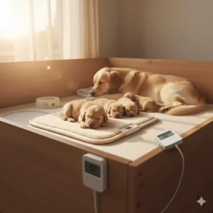 Heating pad placed correctly inside a whelping box, providing even, gentle warmth for a litter of puppies.